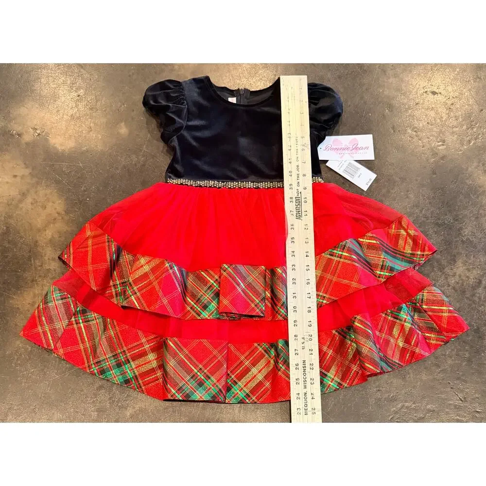 Bonnie Jean Red Velvet & Plaid Tiered Holiday Dress Girls New Christmas Size 5